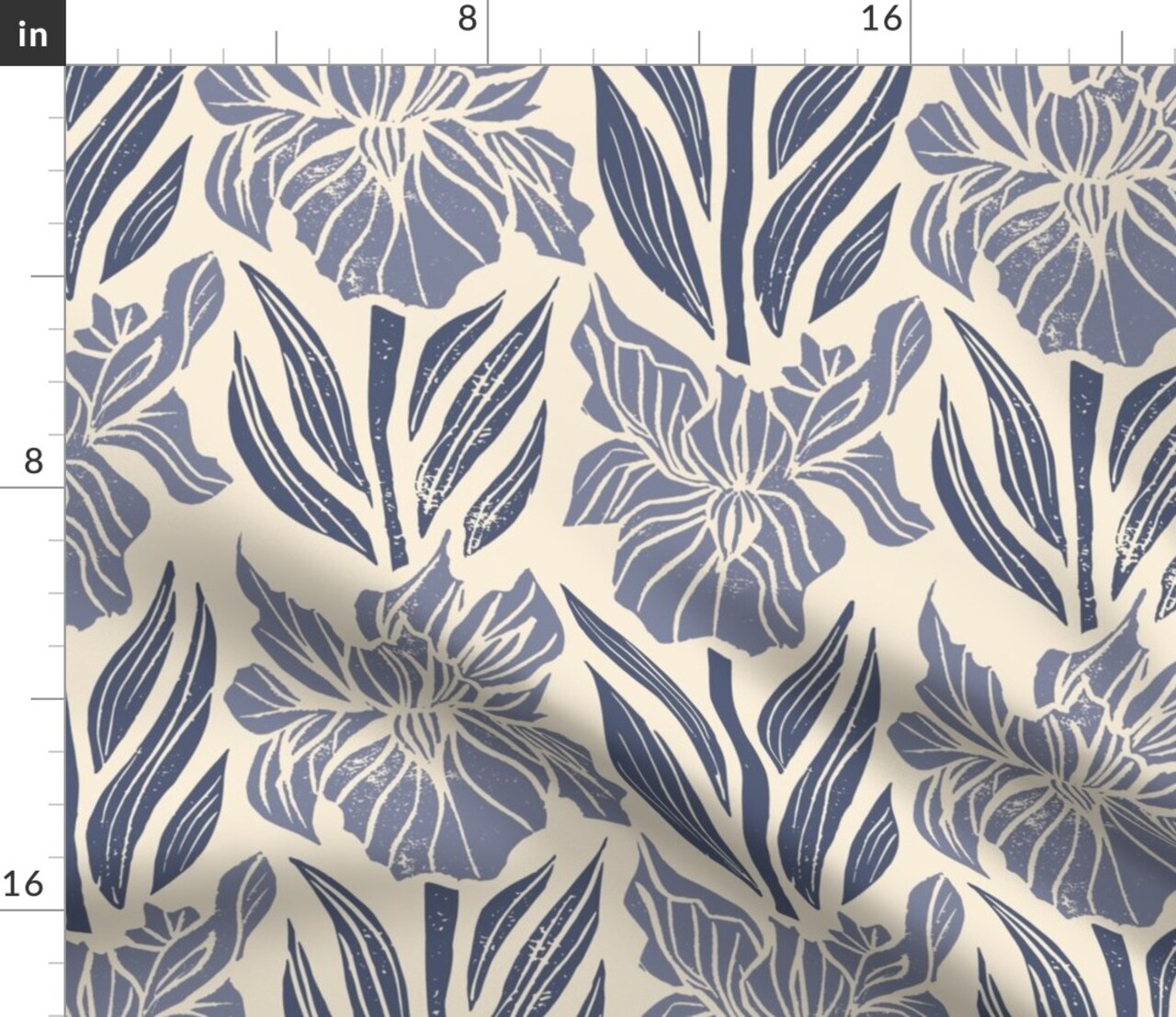 Block Print Floral Periwinkle Blue Irises Bohemian Farmhouse Flowers Cottagecore Custom Printed Fabric by Spoonflower Various Fabrics by the Yard or Fat Quarter